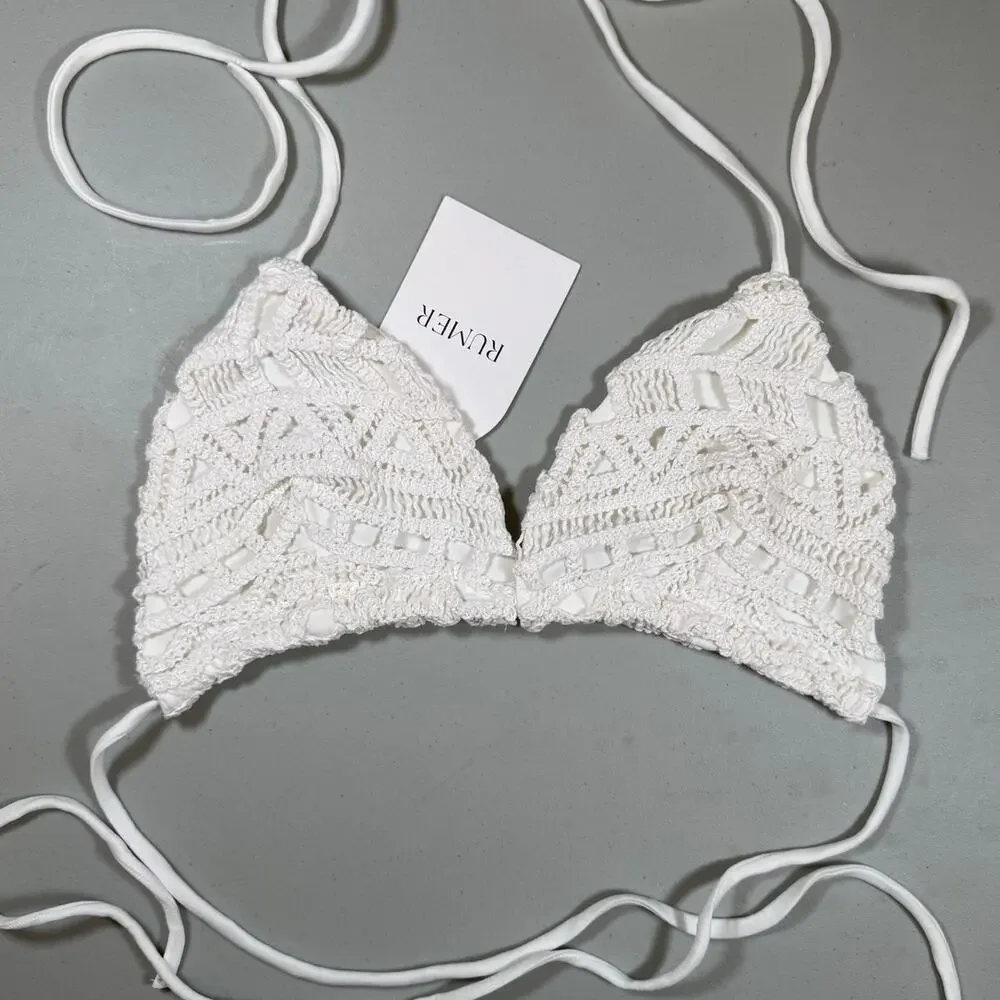 NWT RUMER The Label White Crochet Bikini Top Size XL